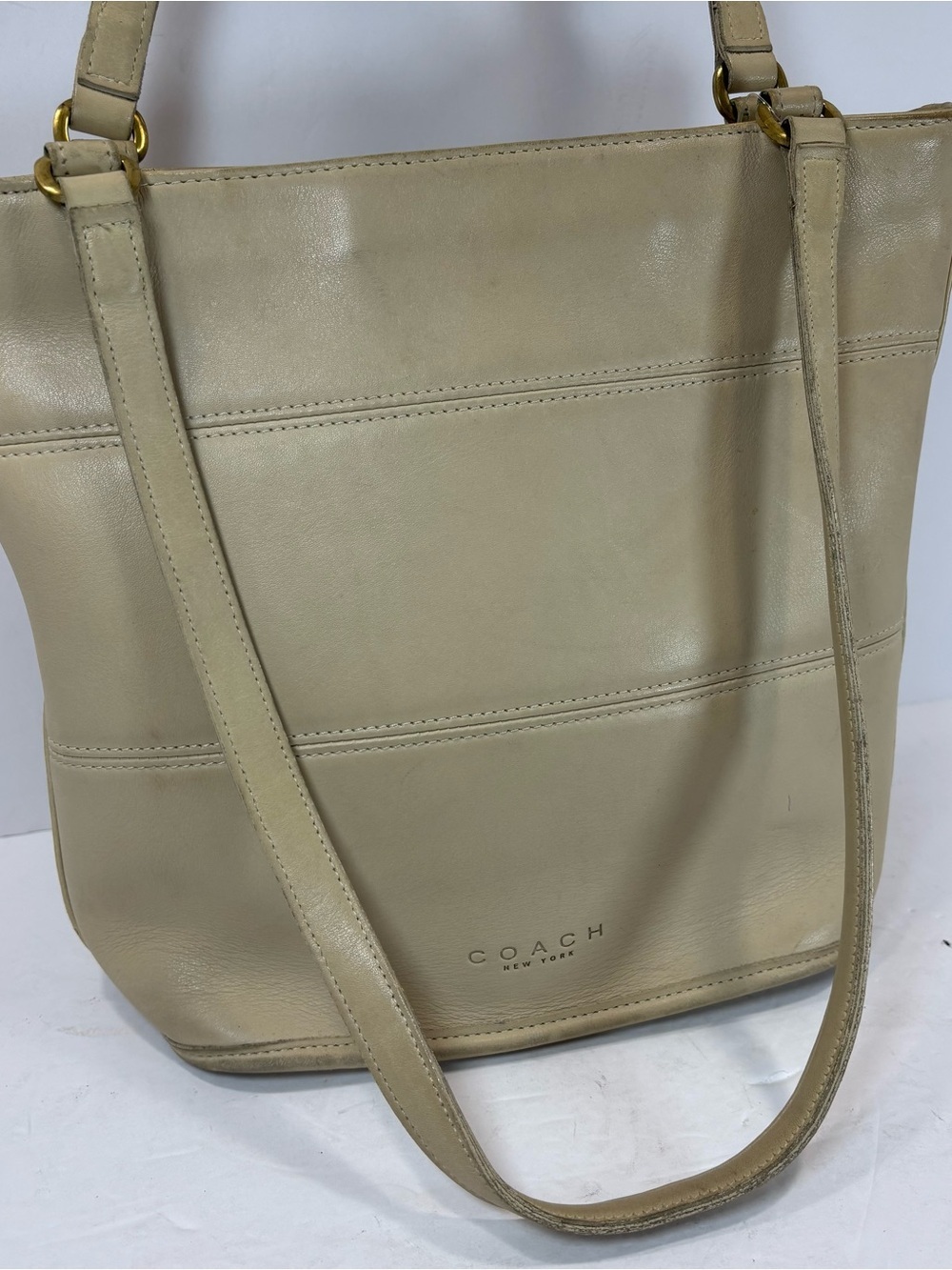 Vintage Coach Tribeca Shopper Ivory Leather Tote Bag Y2K Designer Boho - Read